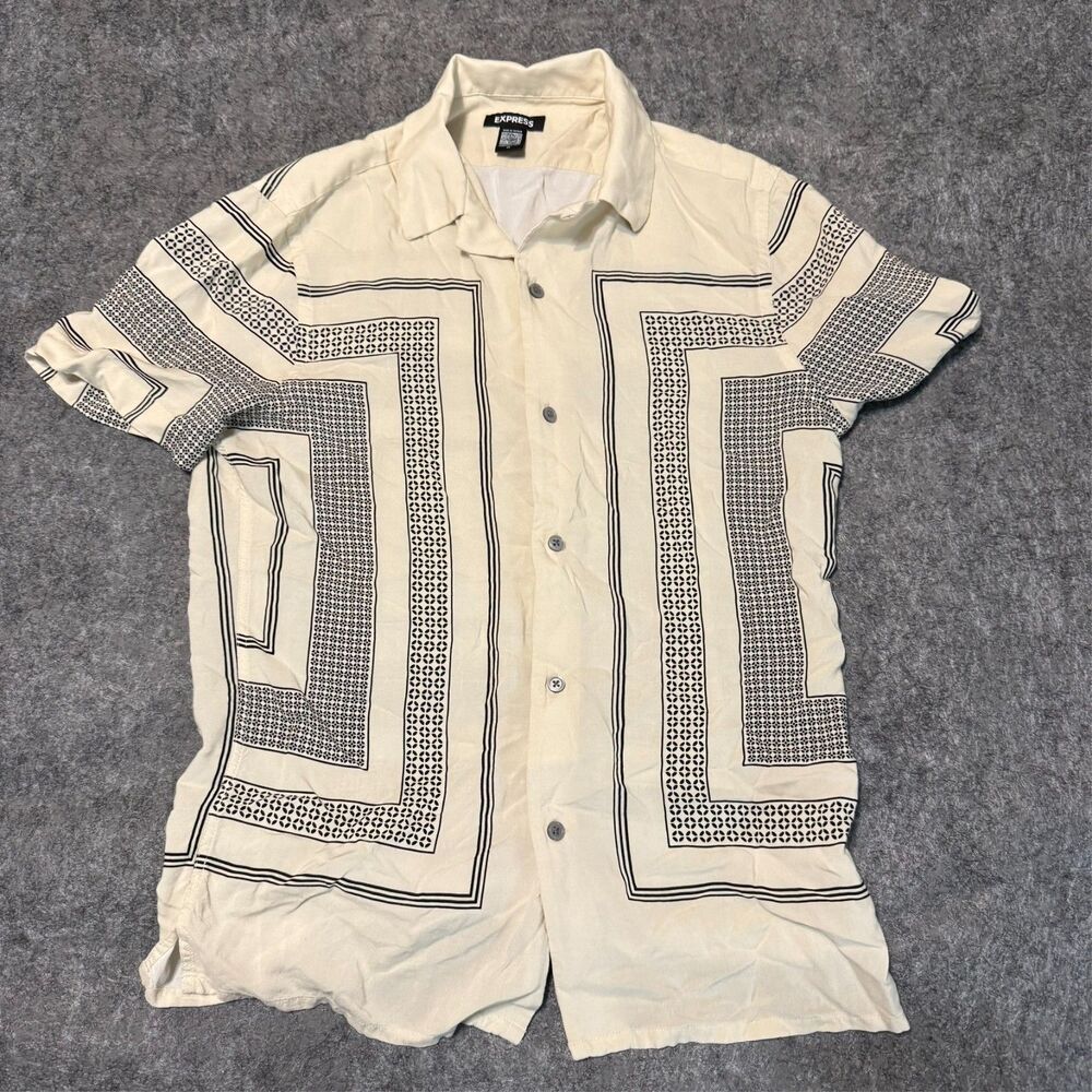 Express Mens Shirt Size XS Beige Geometric Viscose Short Sleeve Button Up